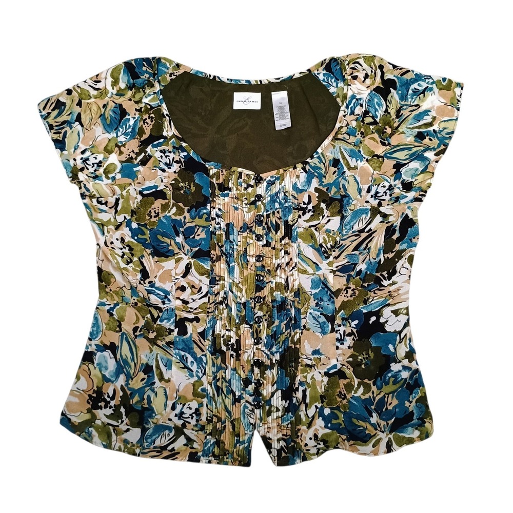 Emma‎ James Top Women's 14 Button Up Pintuck Floral Green Blue Tan Casual